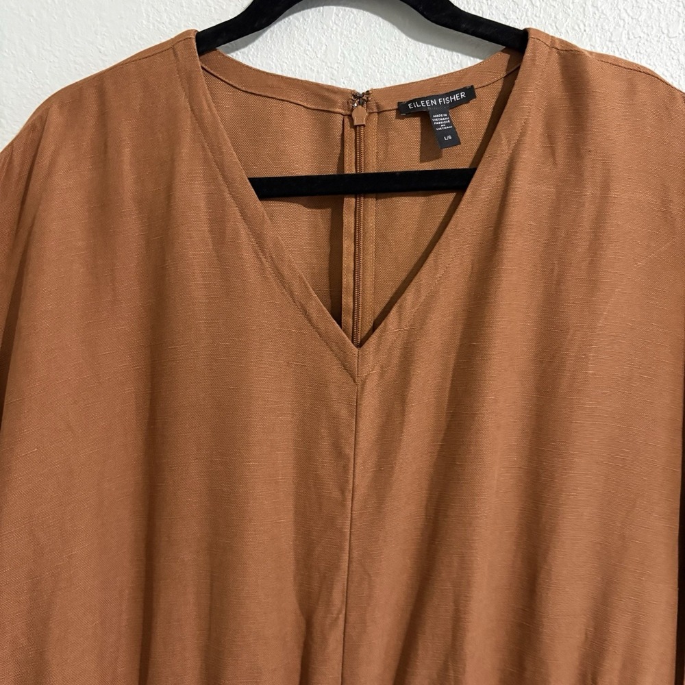 Eileen Fisher Organic Linen Lyocell Cropped Wide Leg Jumpsuit L Rust Brown Boho - Picture 4 of 16